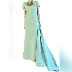 *□$6,400 OSCAR DE LA RENTA GREEN SILK SASH ELEGANT RUNWAY GOWN US 12 XL